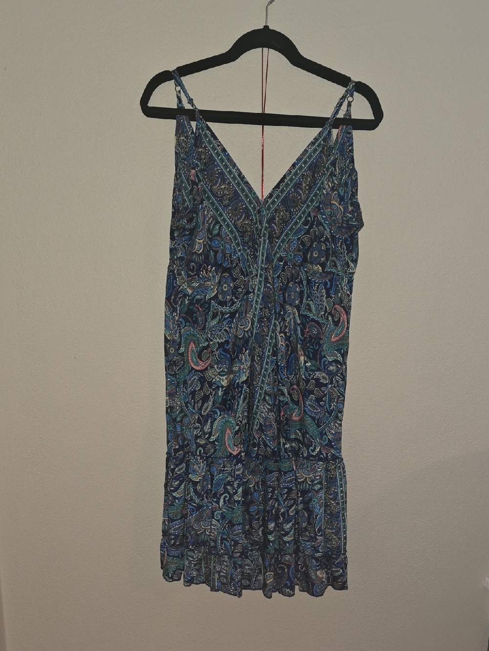 Paisley V-Neck Blue Mini Dress with Spaghetti Straps